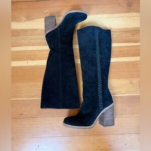 UGG Australia Black Suede Knee Boots Braided Chunky Heel Size 6